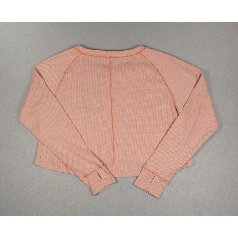 Intimately Free People Thermal Henley Top Pink Orange Contrast Stitch Cropped L